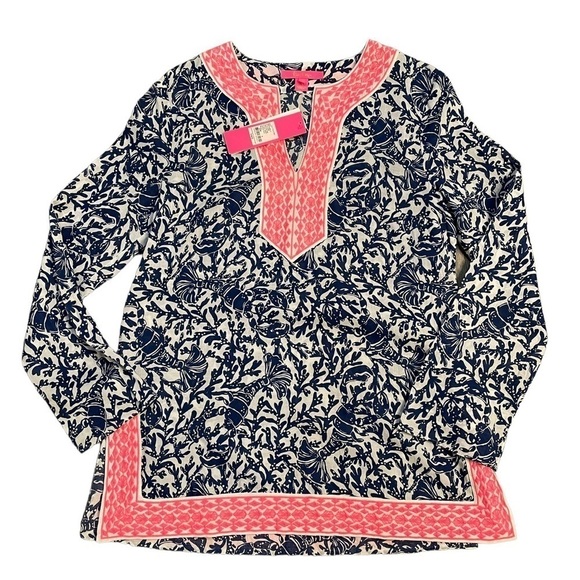 Lilly Pulitzer Ocean Cove Long Sleeve Tunic Top Oyster Bay Blue Krillin It. Sz S - Picture 8 of 15